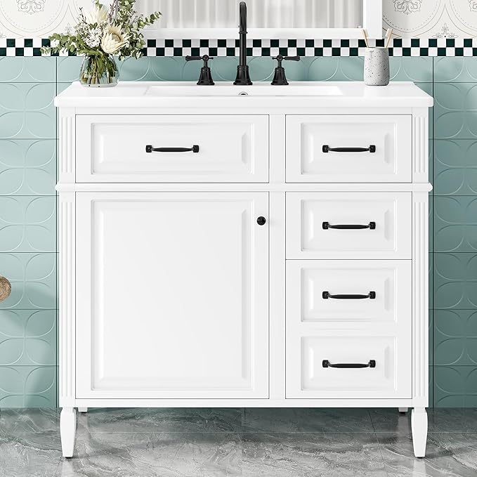 Harper & Bright Designs 36" Bathroom Vanity with Sink, Free Standing Vanity Set with 4 Drawers, Storage Racks, and Adjustable Shelf, Wood Bathroom Cabinet with Ceramic Basin for Bathroom, White