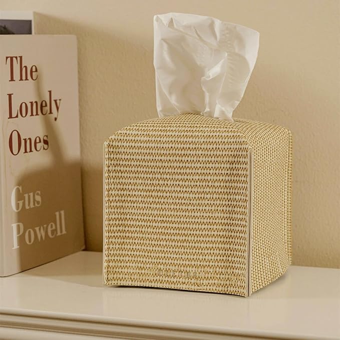 OLETHA Square Tissue Box Cover - Aesthetic Desk Decor for Room, Home & Office - Tissues Cube Boxes Holder - Rattan Textured