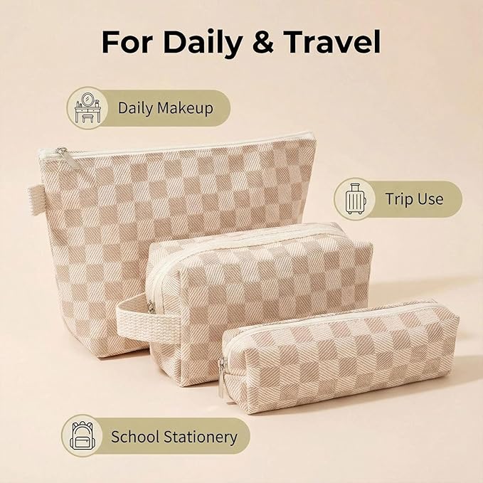 3 Pcs Canvas Makeup Bag Set Checkered Cosmetic Pouch for Women Travel Toiletry Bag Cute Makeup Organizer Purse Pouch Preppy Pencil Case with Zipper (Checkered Khaki)