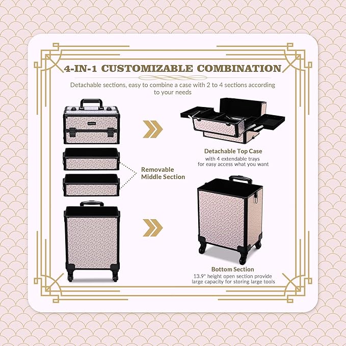 BYOOTIQUE Rolling Makeup Train Case on Wheels 3-Piece Hairdressing Brush Bags Cosmetology Art Deco Tyrian