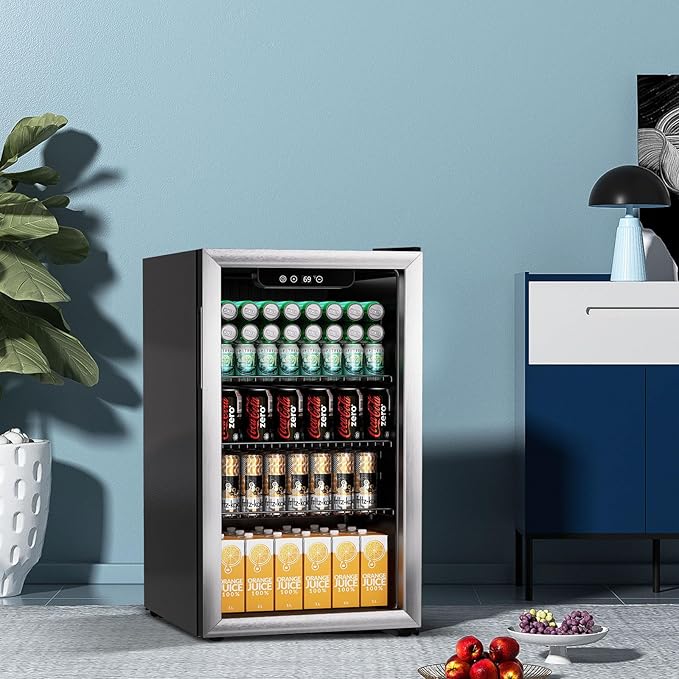 Compact Beverage Refrigerator,110 Can/3.1 Cubic Feet Fridge with Glass Door for Soda, Beer Under Counter Small Refrigerator with Adjustable Shelve & LED Display(Silver)