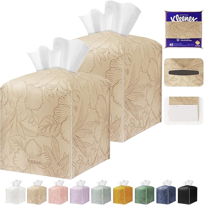 Tissue Box Holder Cover Square Tissue Cube Cover PU Leather Tissue Organizer with Bottom Belt for Bathroom, Tabletop, Kitchen, Night Stands, Office, Home, Car (2, SoftBeige)
