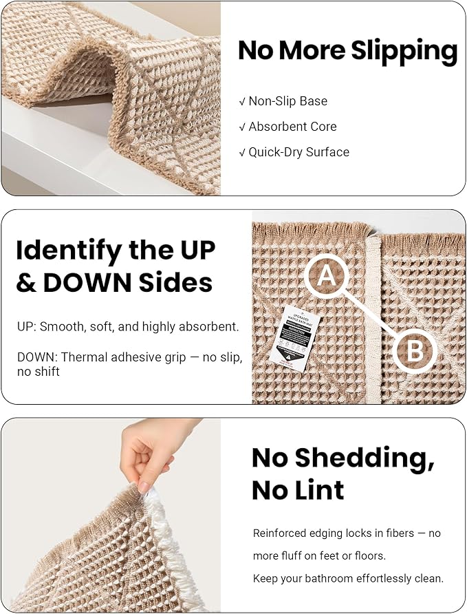 Waffle Bath Mat Set, Non Slip Bathroom Rugs Sets 2 Piece, Ultra Absorbent Long Bath Rug Runner for Bathroom Boho Chic Decor, Machine Washable Floor Mats, Brown & White, 20"×47" Plus 18"×30"