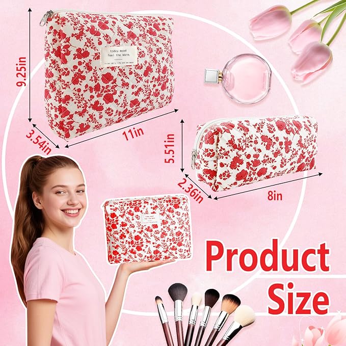 2Pcs Quilted Makeup Bag Set Flower Cute Pencil Case Large Small Travel Makeup Pouch Set for Women Coquette Makeup Bag Aesthetic Cotton Cosmetic Bag Hot Pink Toiletry Organizer Storage Bag Zipper Pouch