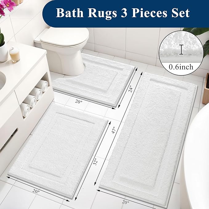 SHACOS White Bathroom Rugs Sets 3 Piece, 20"x32" + 20"x47" Non Slip Bath Mat and 20"x24" Toilet Rugs U Shaped Washable, Soft Fluffy Water Absorbent Bathroom Floor Mat