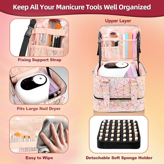 Nail Polish Organizer Bag Holds 126 Bottles (15ml/0.5fl.oz)& Nail Lamp, 3 Layers Detachable Nail Kit Storage Case PU Leather, Large Travel Nail Supplies Shoulder Bag for Manicure Tools (Pink)