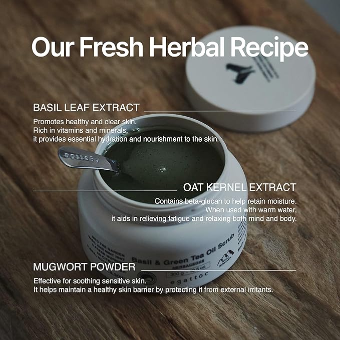 Himalayan Salt Body Scrub, Basil & Green Tea Exfoliating Oil Scrub with BHA LHA, Moisturizing Body Polish for Sensitive Skin, Soothing Mugwort & Oat, Green Citrus Scent, 10.5 oz