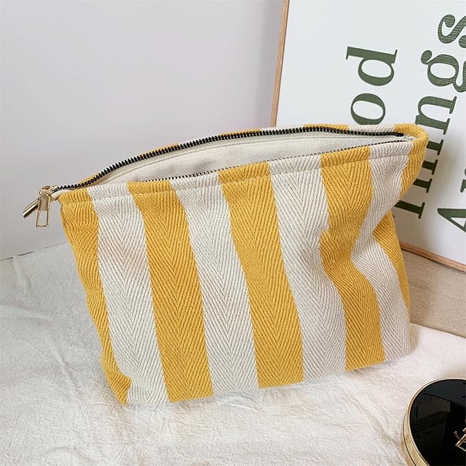 Yellow Striped Makeup Bag for Women, Canvas Cosmetic Bag, Travel Pouch for Purse, Zipper Makeup Pouch, Perfect for Storing Makeup Accessories, Daily Make up Organizer Gifting, Car Cosmetic Organizer