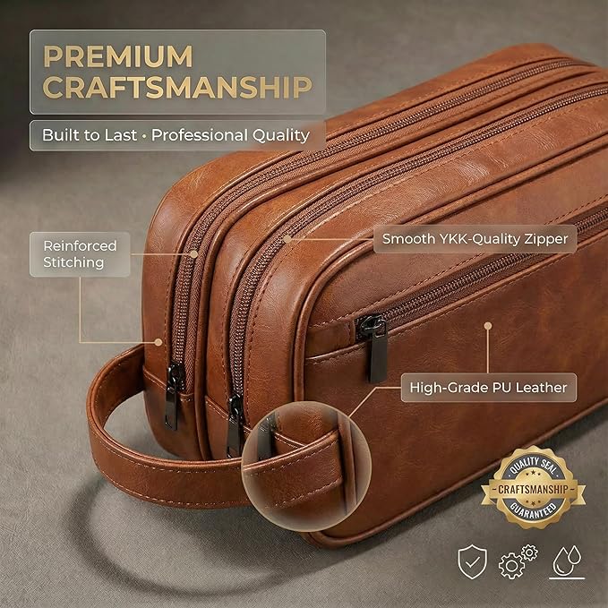 Men’s Toiletry Bag Travel Dopp Kit – double-deck PU Leather Water-Resistant Shaving Organizer Large Capacity, Double Compartments & Inner Pockets for Grooming, Bathroom & Gym Trip Toiletry Case(Black)