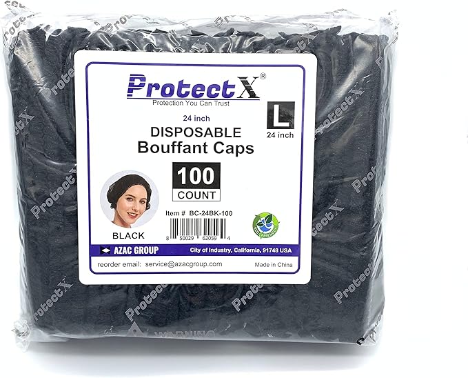 ProtectX 100-Pack Black Disposable Hair Nets, Elastic Head Cover, Bouffant Caps, Sanitation Head Cover for Food Service, Spa Men & Women - 24 inch