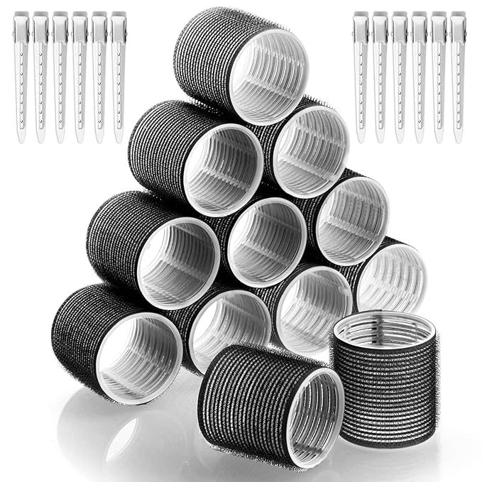 Jumbo Hair Curlers Rollers, 12Pcs Hair Roller Curlers Self Grip Holding Rollers with12 Stainless Steel Duckbill Clips for Long Hair Volume (Black)