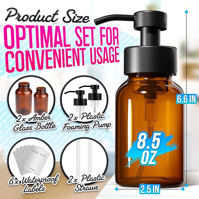 2 Pcs Amber Foaming Soap Dispenser Glass - 8.5 Oz Stylish Foam Pump Bottle for Bathroom or Kitchen Use - Compatible with Hand Wash, Dish Liquid, Shampoo and Gel | Non-Slip Bottom, 6 Label Stickers