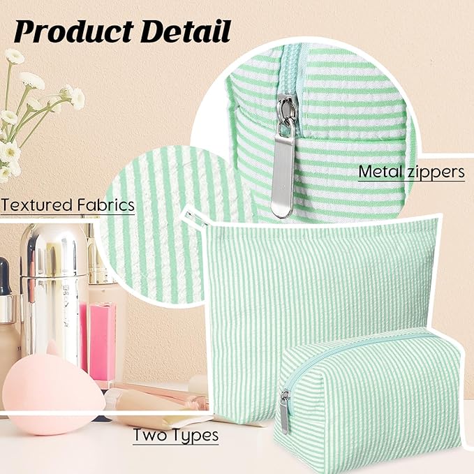 2 Pcs Makeup Bag Set Cute Cosmetic Pouch for Women Seersucker Travel Toiletry Bag Preppy Small Makeup Purse Pouch Aesthetic Skincare Brushes Storage Organizer for Valentine Women(Green)
