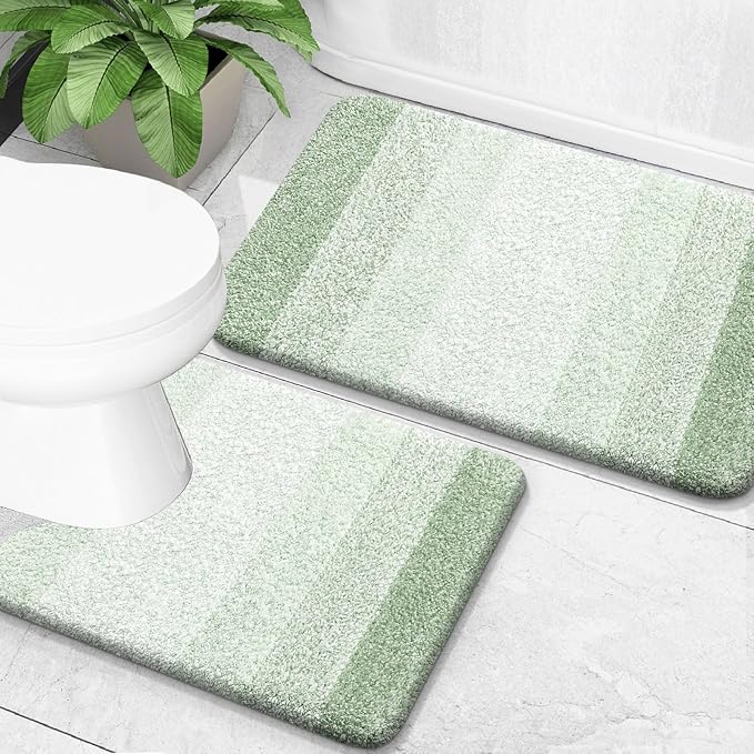 OLANLY Bathroom Rug Set 2 Piece, Soft Absorbent Microfiber Bath Mats and U-Shaped Contour Toilet Rug, Non-Slip, Machine Wash Dry, Plush Shaggy Bath Mats for Bathroom (30"x20"+24"x20", Sage Green)