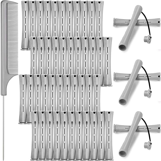 48 Plastic Hair Perming Rods and Curlers with Steel Pintail Comb for Hairdressing and Styling (Gray, 0.59 Inch/ 1.5 cm)