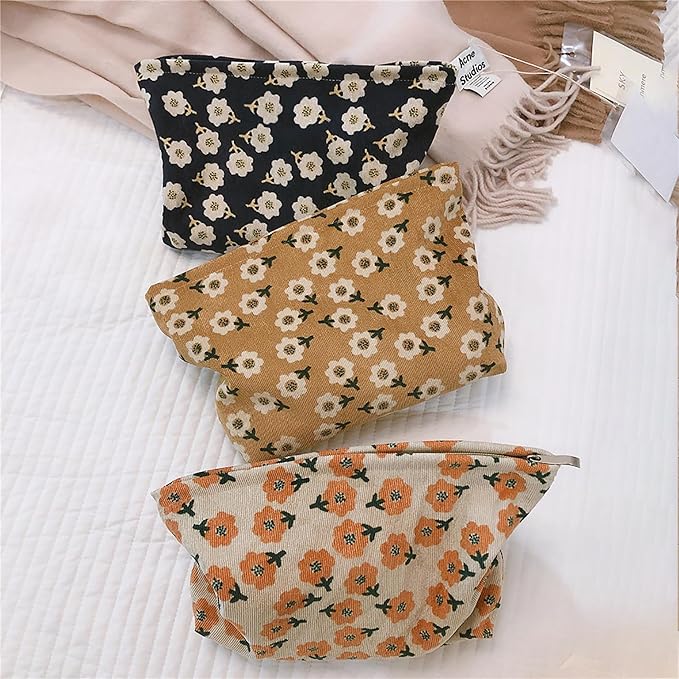HAPPYHEIDI Women Floral Corduroy Makeup Bag Travel Cosmetic Canvas Pouch Purse Organizer, Cute Beige Flowers