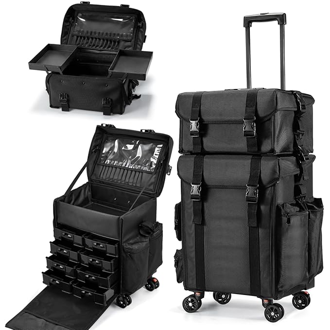 Costravio Travel Makeup Bag, Cosmetology Case on Wheels, 2 IN 1 Hair Tool Organizer, Rolling Nail Organizer Train Case, Large Cosmetic Trolley Suitcase for MUA/Hairstyling/Home-care/Groomer, Black