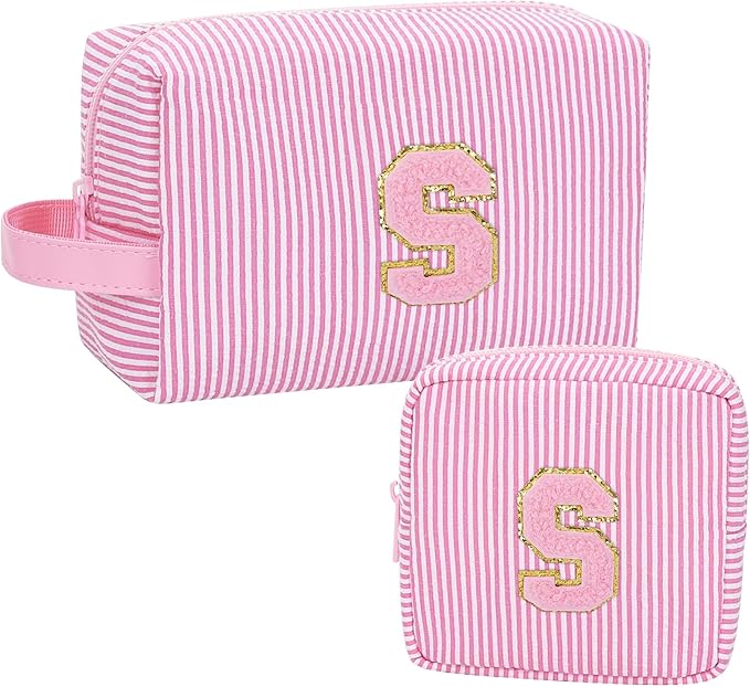 MONSTINA Initial Makeup Bags for Women|Cosmetic Bag for Travel Toiletry - Valentine's Gifts for 11 12 13 14 15 16 17 18 Years Old Girls- Graduation Teen Girl Gifts Trendy Stuff Teacher Gift,Pink S