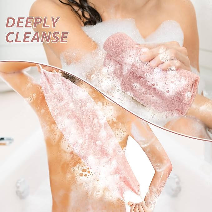 Extended Exfoliating Back Scrubber with Handles, Nylon Cleaning Exfoliator Washcloth for Body, Stretchable Pull Strap Soft Quick-Drying Rough Scrub Towel, Pink