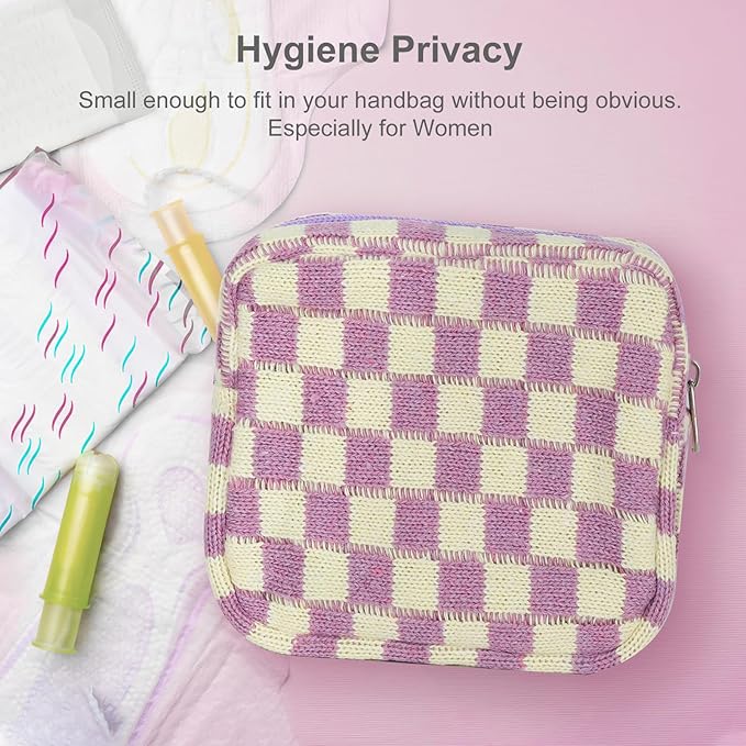 Sanitary Napkin Storage Bag, Menstrual Pad Zipper Bag Checkered Portable Period Bag Panty Liners, Tampon Storage Pouch for Women Ladies Daily Use Storage Purse Travel