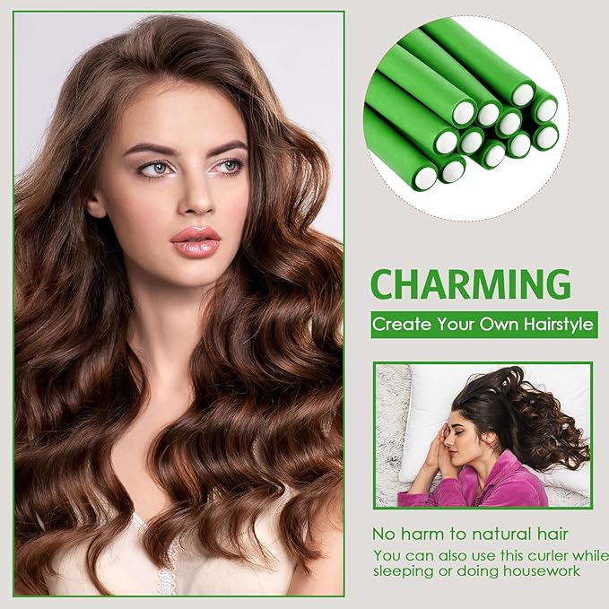 WILLBOND 60 Pieces Flexible Curling Rods Hair Curlers Rollers Twist Flexi No Heat Rods Rollers for Long Short Hair Women(0.5 x 7 Inch,Green)