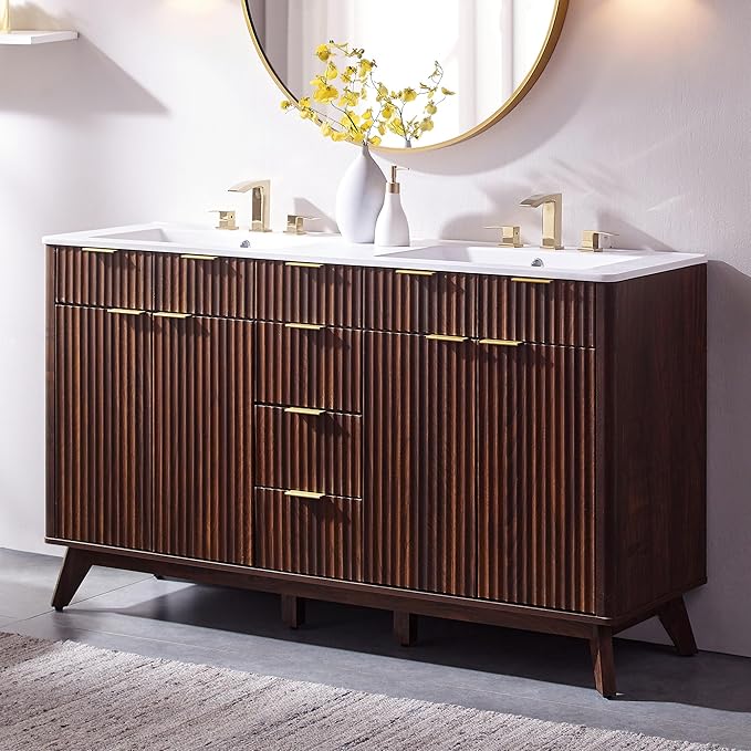 T4TREAM 60" Fluted Bathroom Vanity with Resin Sink Combo，Freestanding Modern Bathroom Storage Vanity Cabinet with Soft Closing Doors & 3 Drawers，Wood Grain Texture，Metal Handle，Dark Walnut