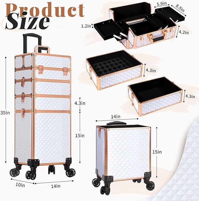 AROUS Rolling Makeup Train Case 4 in 1 Cosmetology Case on Wheels Large Storage Cosmetic Trolley with Key Salon Barber Case Traveling Cart Trunk,White