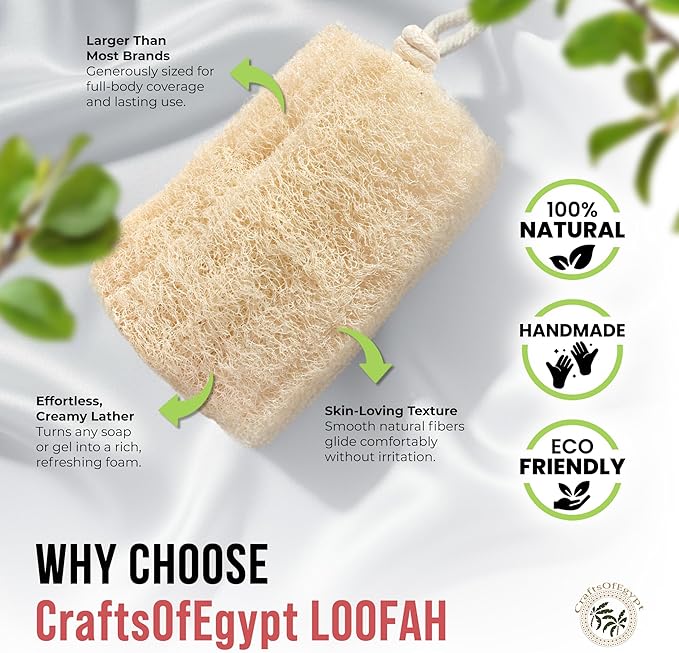 CraftsOfEgypt Luffa Body Scrubber – Plant-based Egyptian loofah shower sponge for men and women, luxury bath loofah sponge for face, back & body, gentle body scrubber, spa loofah pack of 3, 6x6 Inches