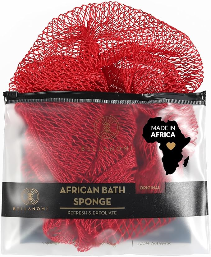 Bellanomi African Exfoliating Net Sponge, Authentic, Ethically sourced from Nigeria, 45 inches Long, Back Scrubber for Daily use (Red)