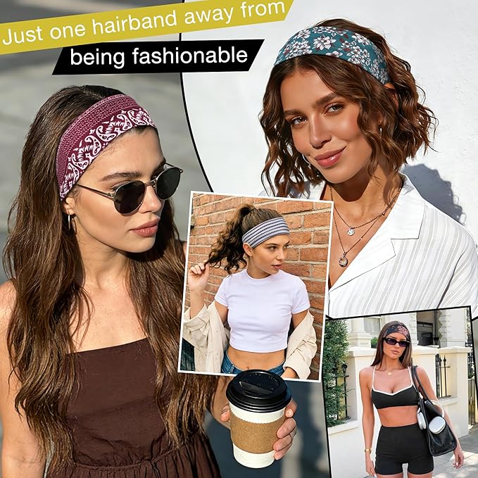 8 Pack Headbands for Women Non Slip - Stylish Sports Hair Bands for Women's Hair - Soft Cotton Cloth Stretchy Headbands for Women for Yoga, Outdoor Exercise Running