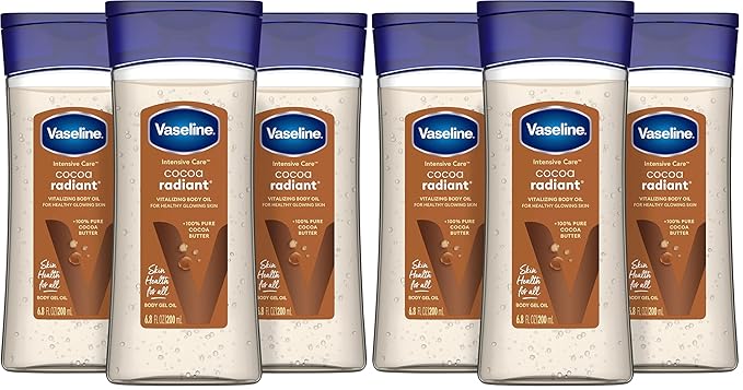 Vaseline Intensive Care Cocoa Radiant Pack of 3 for Glowing Skin Body Gel Oil Made with Pure Cocoa Butter + Replenishing Oils 6.8 oz, (Pack of 6)