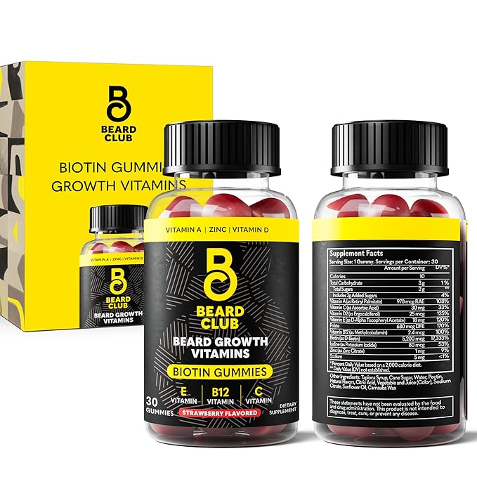 The Beard Club Biotin Beard Growth Vitamin Gummies - Hair Supplement for Men - Vitamins B12, E, & C to Support a Thicker Fuller Looking Facial Hair - Strawberry Gummy