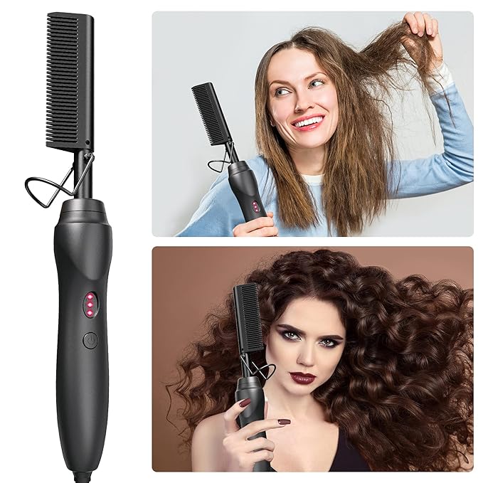 Electric Hot Comb Hair Straightener - Pressing Combs, Ceramic Hair Straightening Comb, Curling Iron for Natural Black Hair Men Beard or Holiday Gift - Black