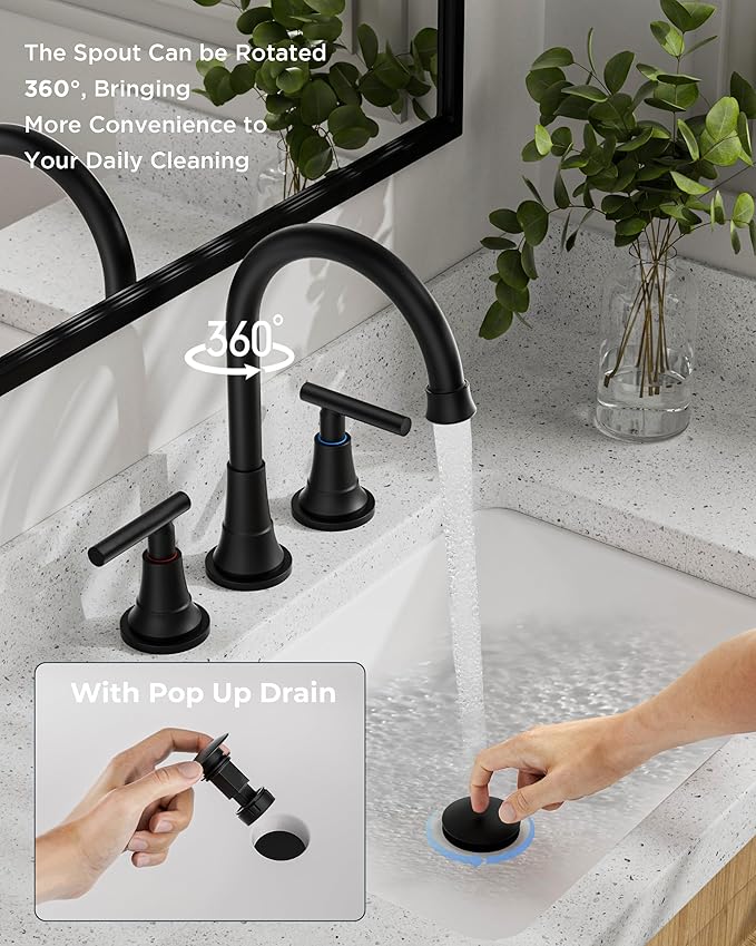 FORIOUS Matte Black Bathroom Faucet 3 Holes Vanity, 2 Handle 360° Swivel 8 In Widespread Black Bathroom Sink Faucet 3 Hole, with 360 Degree Rotating Spout, Pop-up Drain, Supply Lines, 2 Pack