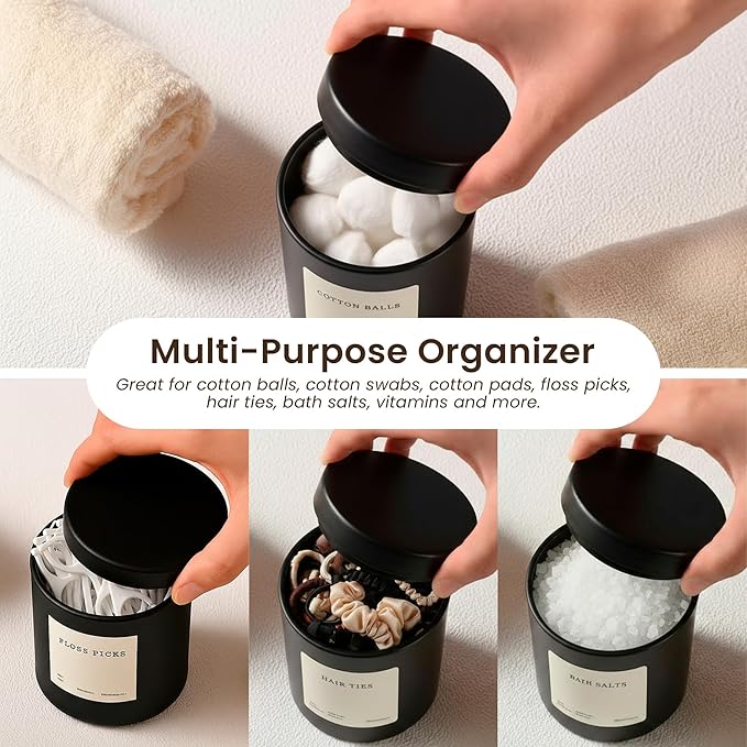 MaisoNovo Qtip Holder Bathroom Set – Airtight Glass Qtip Holder with Lid to Store Q Tips, Cotton Rounds, Cotton Balls, Floss Picks, Hair Ties with free labels pack - 2 Black Jars with Glass Lids