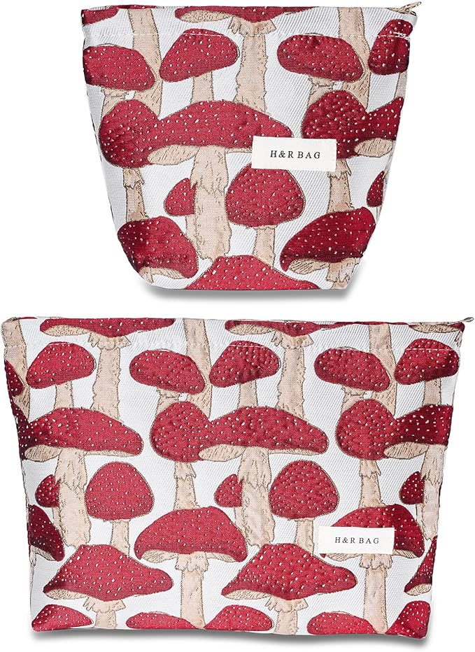2 Pcs Makeup Bags for Purse, Large Cute Cosmetic Bag Travel Toiletry Bag Organizer for Women, Embroidery Craft Mushroom Makeup Bag Small Cosmetic Pouch Purse with Zipper (Red Mushroom)