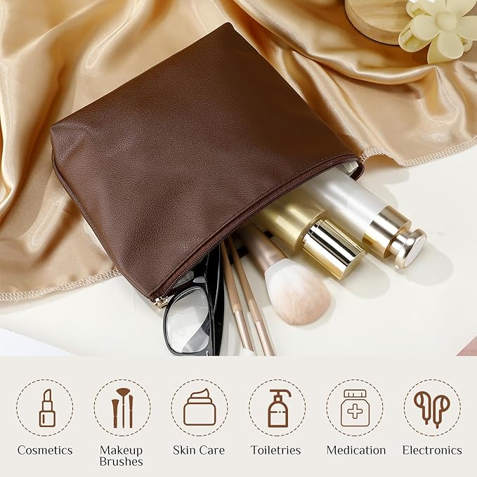Kigeli PU Leather Makeup Bag for Women Gift Cosmetic Pouch for Purse Waterproof with PU Leather Travel Toiletry Organizer with Zipper for Women Bridesmaid Friend Gift(Coffee)