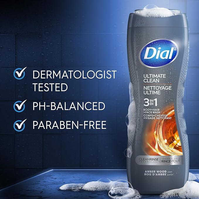 Dial Men 3 in 1 Body, Hair and Face Wash, Ultimate Clean, 16 Fl Oz, Pack of 4, Amber Woods Scent, Cleanses Deep + Gentle on Skin with Clean Rinse Technology