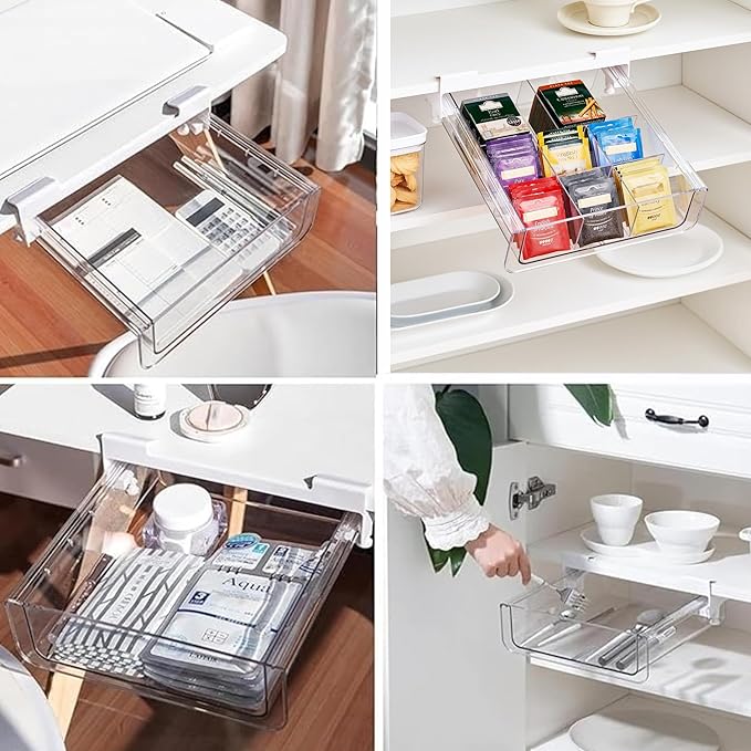 vacane Kitchen Organizer Drawer, Clear Under Shelf Drawer,Pantry Drawer Under Cabinet Shelf Hanging Storage, Pull Out Bins Organizer