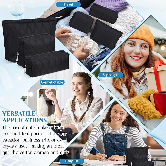 3 Pcs Puffy Makeup Bag Quilted Cosmetic Pouch for Women Cute Waterdrop Travel Toiletry Bag Puffer Makeup Organizer Purse Pouch Preppy Pencil Case with Zipper(Black)