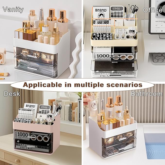 DASITON Makeup Organizer with 2 Drawers, Large Capacity Makeup Cosmetic Organizers for Vanity Dresser Bathroom Countertop, Vanity Organizer Makeup Storage Box for Skincare, Eyeshadow, Lotions (White)