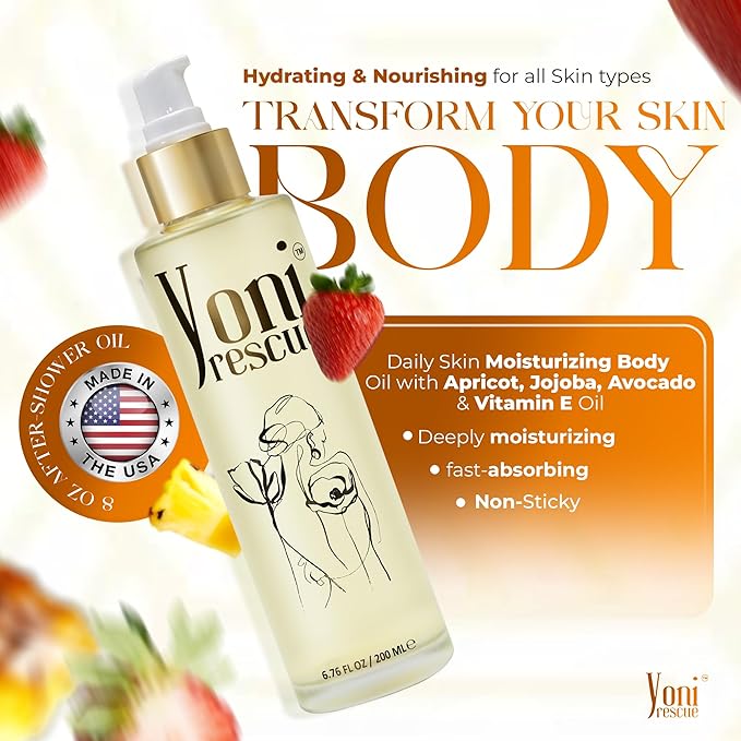 After Shower Body Oil for women | Made in USA with Apricot, Jojoba, Avocado & Vitamin E Oil | Hydrating & Nourishing for all Skin types | 6.76 oz | Strawberry Pineapple