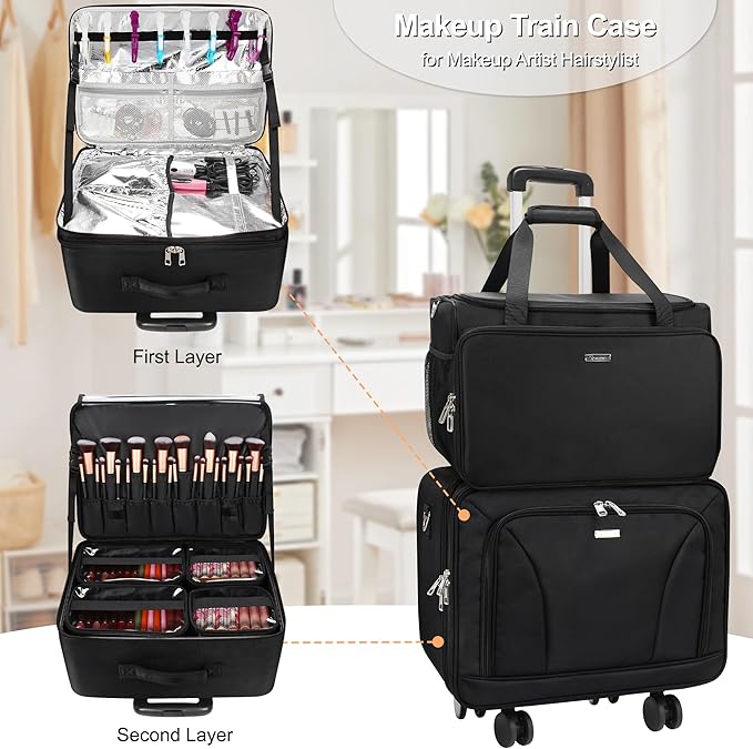 MONSTINA Rolling Makeup Train Case, Beauty Hairdresser Bag and Cosmetology Case on Wheels Makeup Artist Bag Hairstylist Cosmetic Organizer Storage Bag with 4 Bag (Black+Hairdressing Bag)