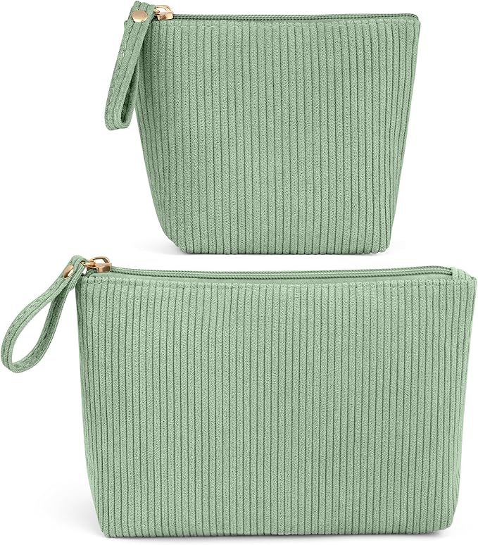 MAGEFY 2Pcs Makeup Bag Set, Cute Makeup Pouch for Purse Corduroy Travel Cosmetic Pouch for Women with Slip-in Pockets for Purse Essentials Accessories(Green,Mini+Small)