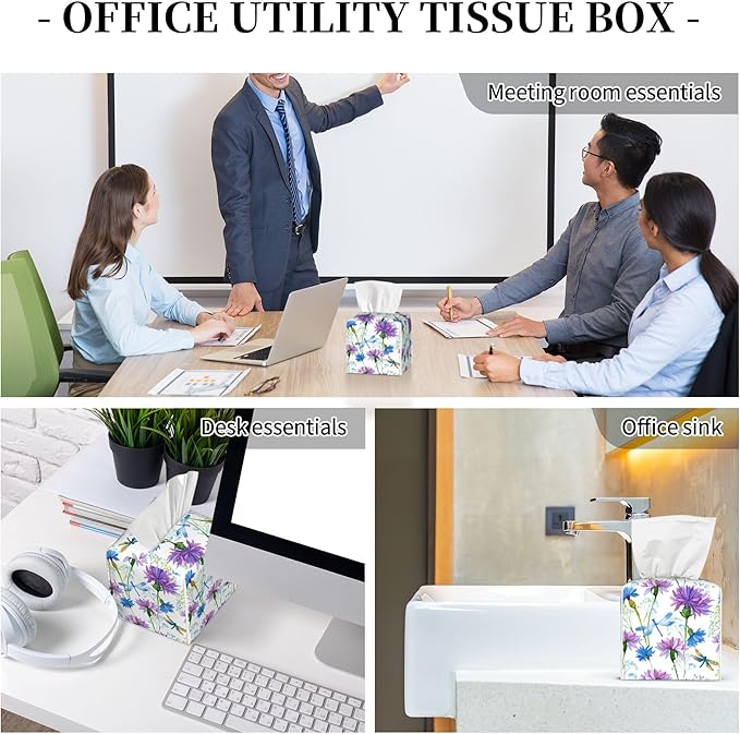 Watercolor Flowers and Dragonflies Tissue Box Cover Square,Purple Blue Floral Tissue Box Holder Waterproof Leather Facial Paper Organizer Dispenser for Bathroom Home Car Nightstand Vanity Desk
