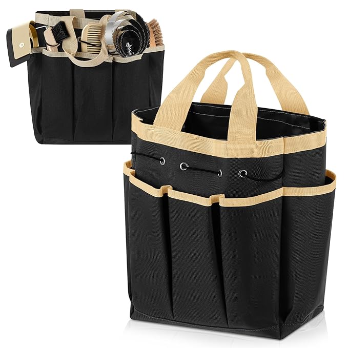 Abbylike Grooming Tote Bag for Horses and Dogs Organize Tack Tools Equestrian Grooming Kit Care Portable with Multiple Pockets for Supplies(Vintage,15 x 12 x 5.5 Inches,Khaki and Black)
