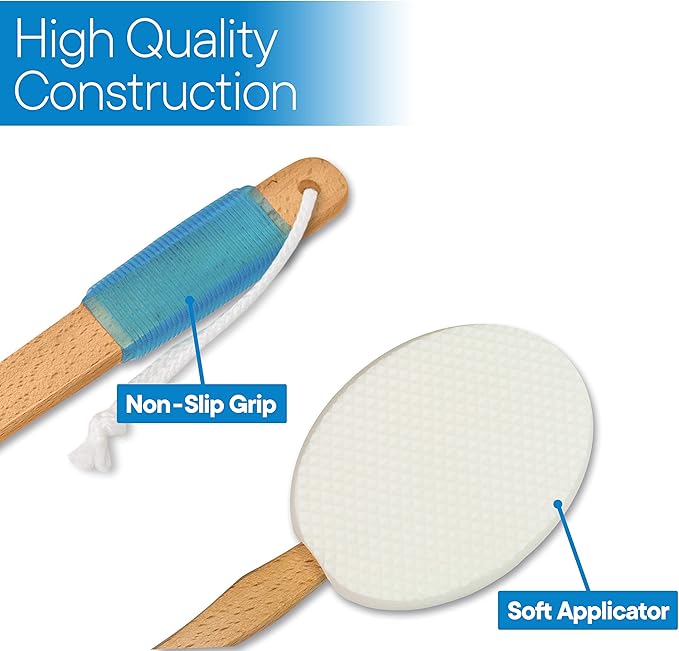 RMS 17.5" Long Lotion Applicator with 4 Pads - Long Handle for Easy Reach and Self Application of Body Wash - Shower Brush for Both Men and Women (Travel Bag Included)