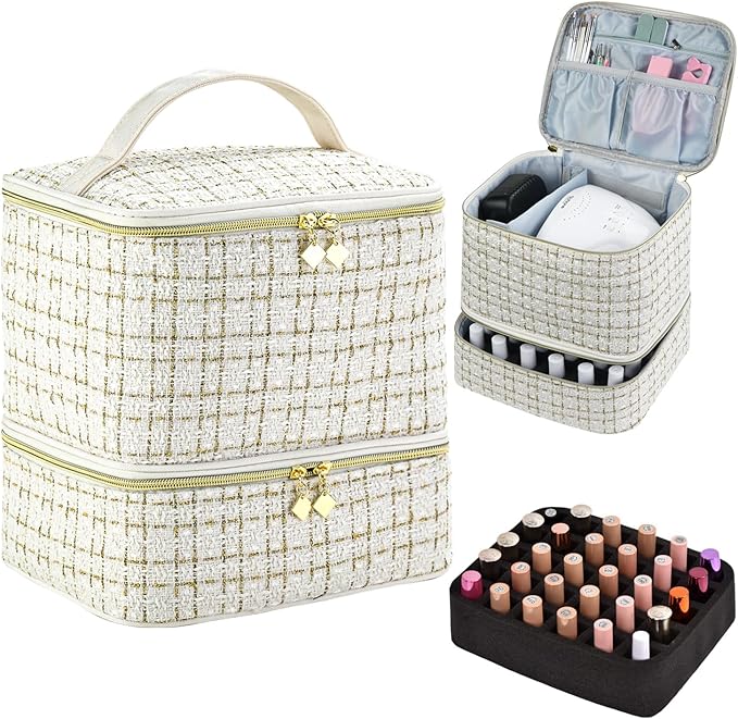 CTWWFS Nail Polish Organizer and Nail Lamp Case, Nail Kit Organizer Holds 30 Bottles (15ml - 0.5 fl.oz) and a Nail Lamp, Nail Polish Carrying Case with Manicure Tools Storage Sections (A-White)