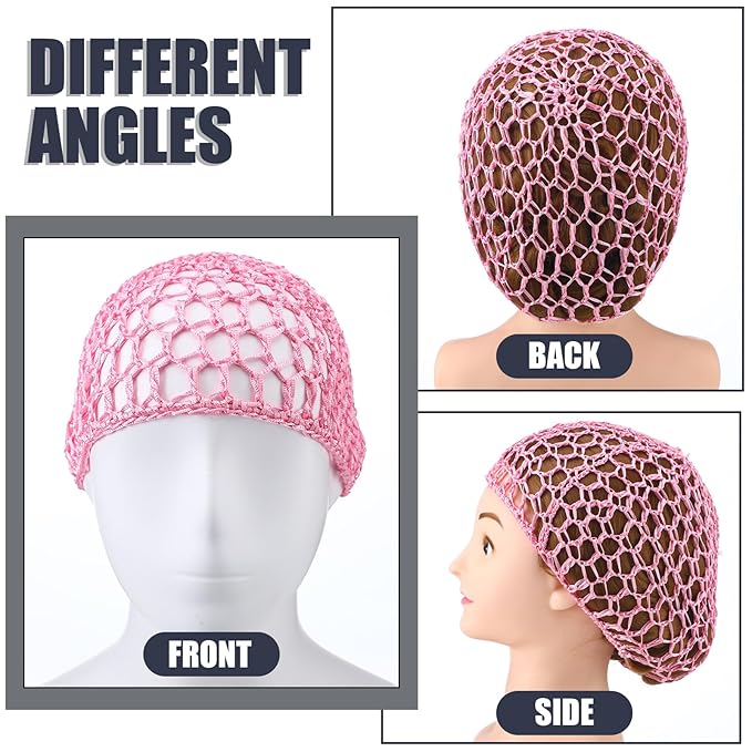 Geyoga 4 Pieces Mesh Crochet Hair Net Rayon Knit Snood Hat Thick Short Women Hairnet Snoods Cover Ornament for Sleeping(Black, Pink, Gray, Blue)