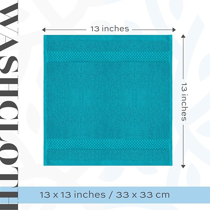White Classic Luxury Cotton Washcloths 13x13 Inch - 650 GSM Turkish Cotton | Hotel, Spa, Bathroom Face Towel | 12 Pack, Aqua Blue